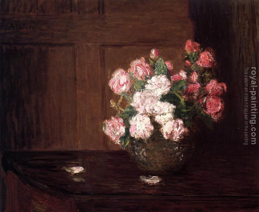 Julian Alden Weir : Roses in a Silver Bowl on a Mahogany Table